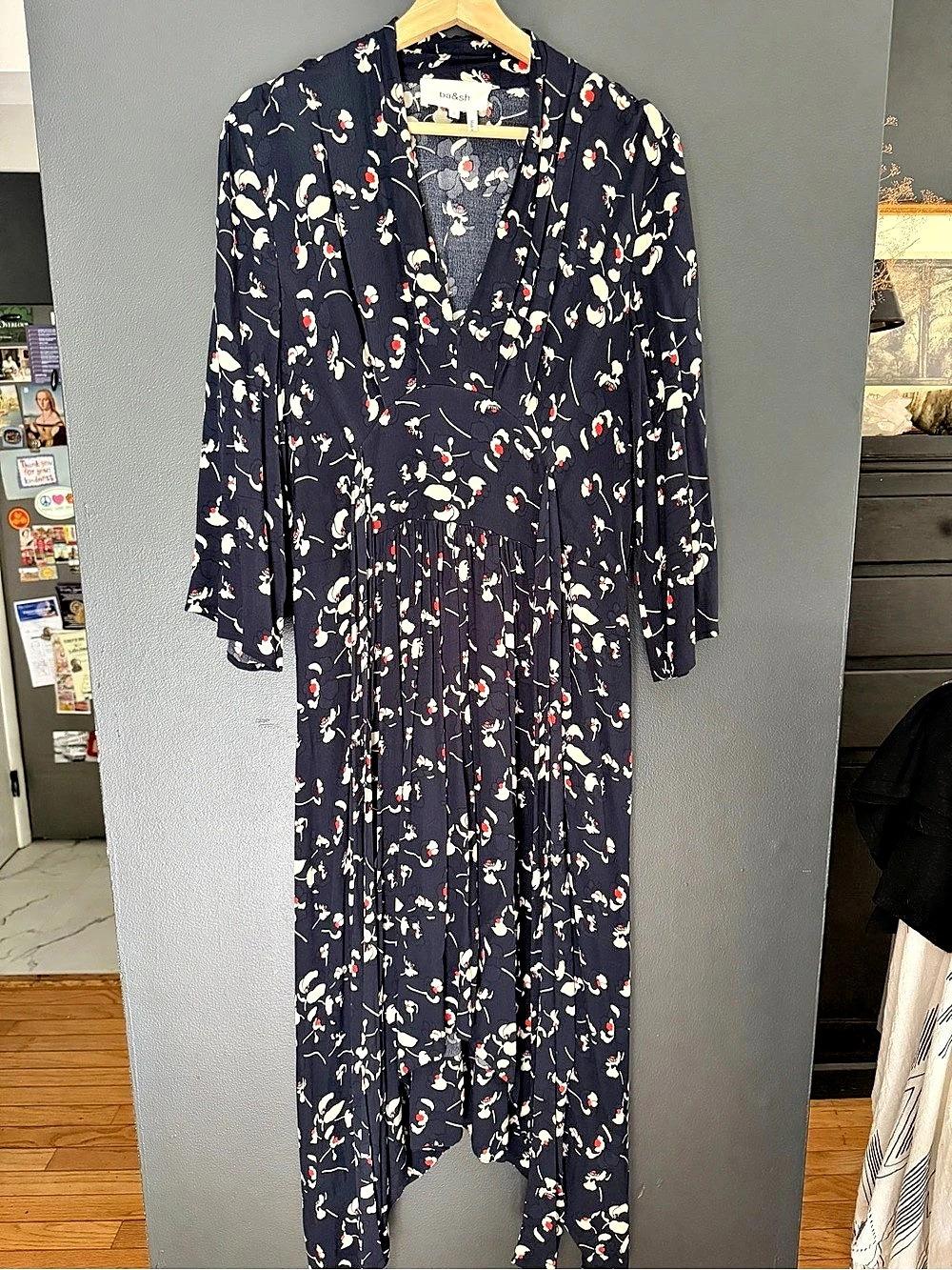 ba&sh Lady Dress Floral Maxi Dress in Navy Blue & Red Size Large/10 Like New